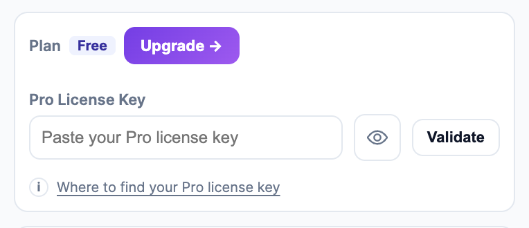 Settings panel showing Pro license key field and validate button